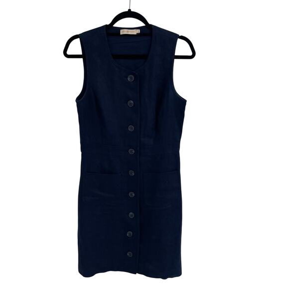 Tory Burch Pure Linen Sleeveless Button Front Navy Shift Dress Womens 2 AS IS - Picture 1 of 7